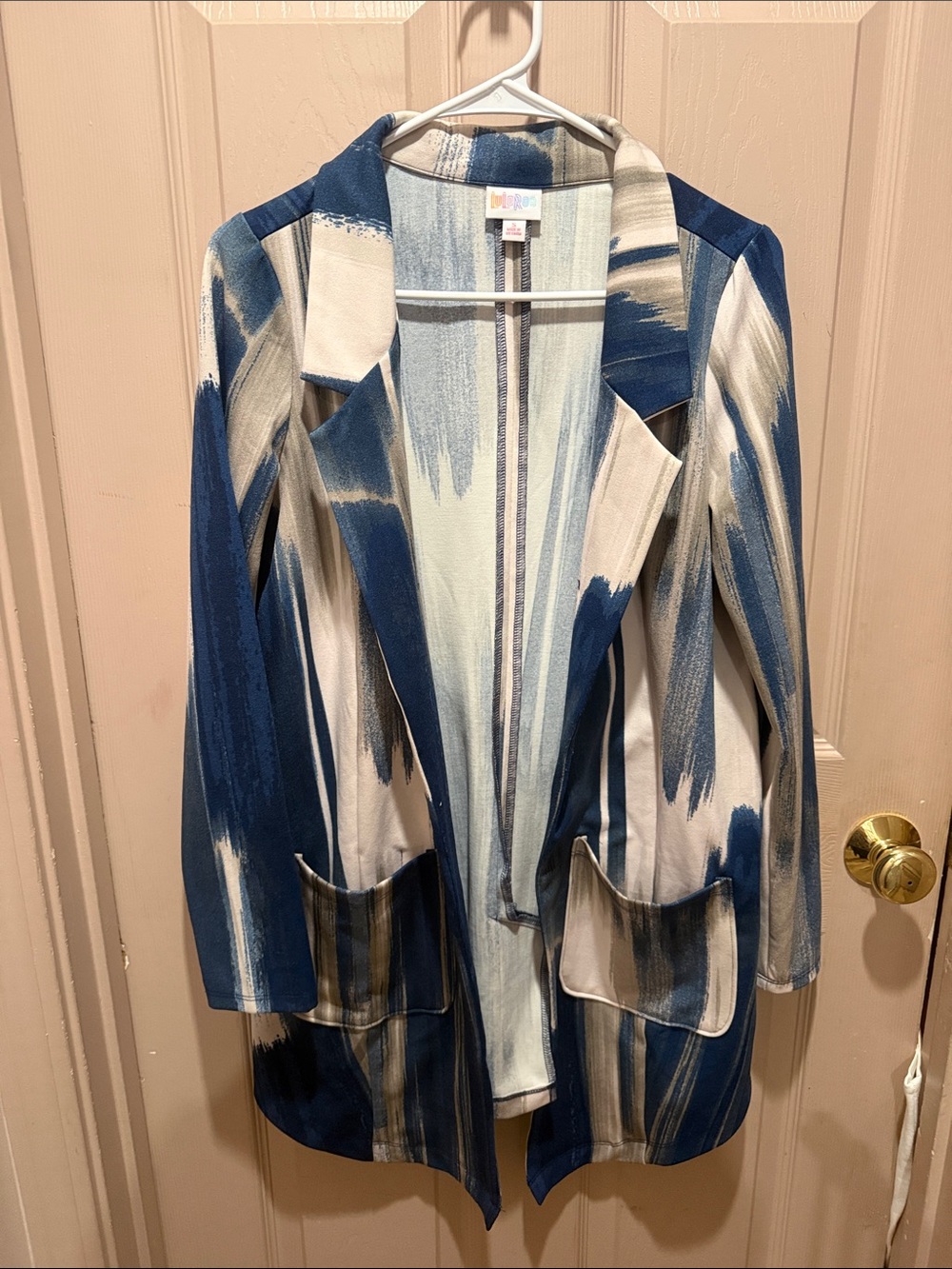 LuLaRoe Blue and Cream Brushstroke Open-Front Blazer